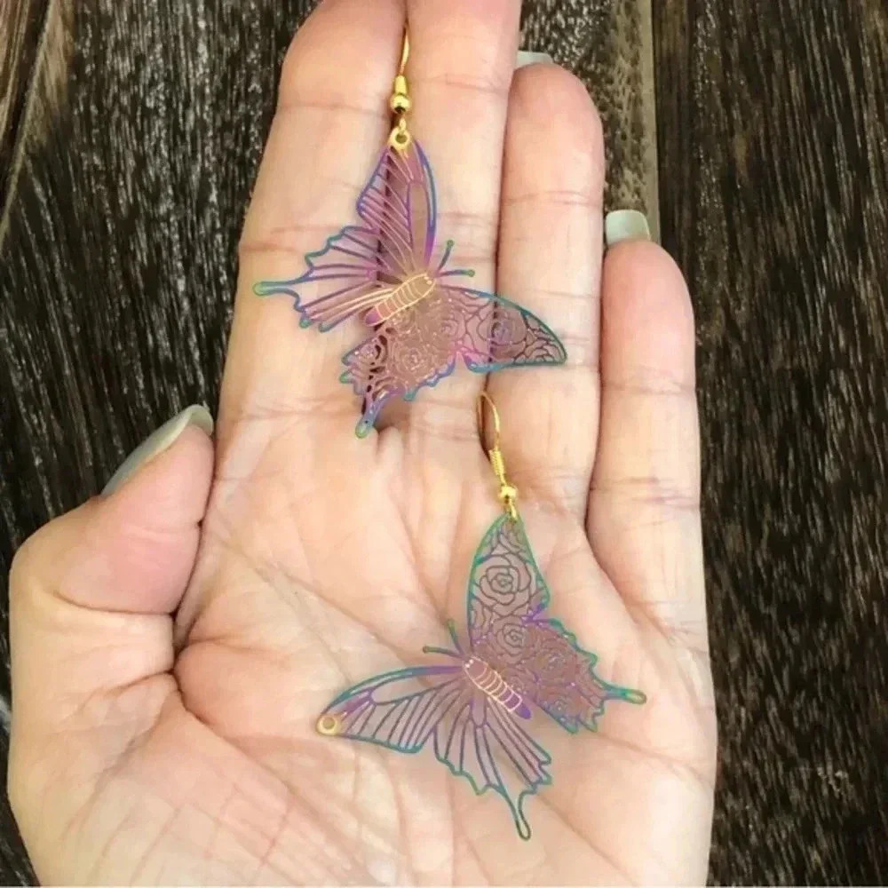 Two Sided Nature Butterfly Oilslick Gold Handmade Filigree Earrings